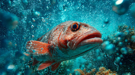 A stunning underwater encounter featuring a large fish swimming gracefully through vibrant blue waters filled with bubbles and colorful coral.の素材