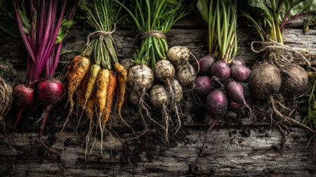 A beautiful display of freshly harvested root vegetables, showcasing their vibrant colors and earthiness, set against rustic wood. Ideal for agricultural or culinary themes.の素材