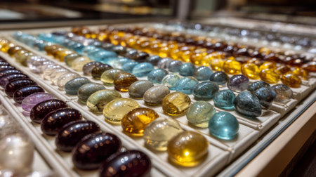 A captivating array of polished gemstones showcasing vibrant colors and unique shapes in a beautifully arranged display. Perfect for jewelry inspiration.の素材