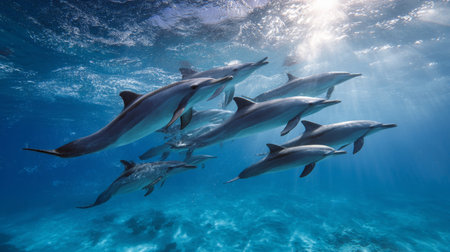 A stunning view of a group of dolphins swimming gracefully underwater, surrounded by vibrant blue waters and illuminated by sunlight.の素材