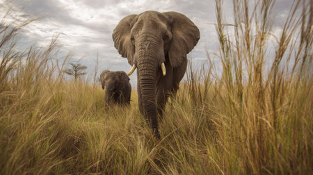 Two elephants stride confidently through tall grass in a vibrant African savanna, showcasing the beauty of wildlife and natural landscape under a dramatic sky.の素材