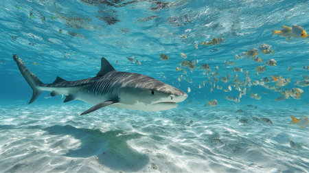 A mesmerizing tiger shark swims gracefully through the clear blue waters, surrounded by vibrant fish and illuminated by sunlight, showcasing underwater beauty.の素材