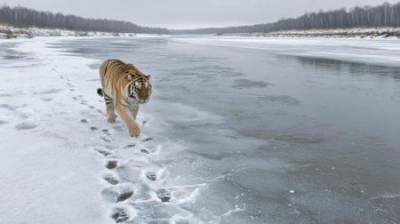 A stunning image of a majestic tiger walking gracefully along a frozen riverbank, surrounded by a serene winter landscape, evoking a sense of solitude and beauty.の素材
