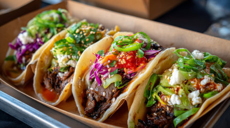 This vibrant image showcases an array of gourmet tacos filled with fresh vegetables and flavorful ingredients, perfect for any foodie.の素材