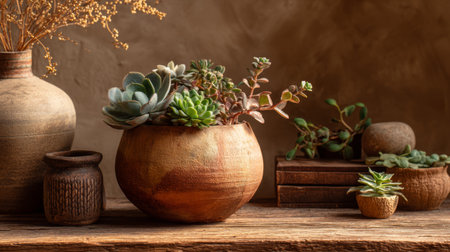 A charming arrangement of succulents in a rustic pot, set on a wooden surface with decorative elements, creating a warm and inviting atmosphere.の素材