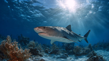 A captivating tiger shark gliding effortlessly beneath the shimmering surface of the ocean, showcasing the beauty of marine wildlife and ecosystems.の素材