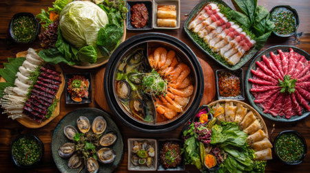 An inviting arrangement of seafood and meat for a hot pot meal, complemented by fresh vegetables and a variety of side dishes on a wooden table.の素材