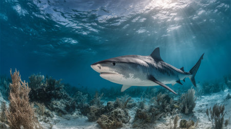 A stunning underwater capture of a shark swimming gracefully through the ocean depths, with sunlight filtering down and illuminating the vibrant coral habitat.の素材