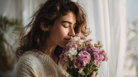 A serene portrait of a woman in a cozy sweater, joyfully smelling a bouquet of pink and white flowers near a bright window, capturing a moment of tranquility.の素材