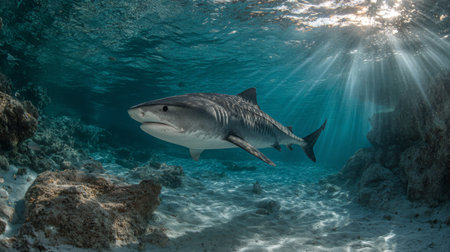 A stunning tiger shark glides through the clear ocean waters, showcasing its beauty and grace. Sunlight pierces the surface, creating a serene atmosphere.の素材
