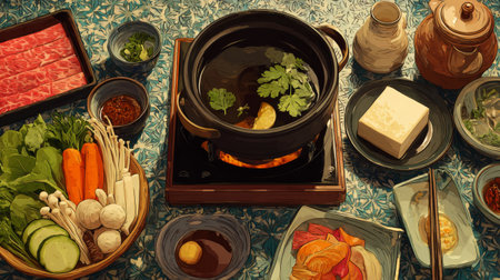 Discover a vibrant hot pot spread that showcases a variety of fresh vegetables, ingredients, and spices, perfect for cooking a delightful meal together.の素材