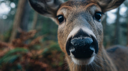 This striking close-up of a curious deer showcases its expressive eyes and gentle demeanor, set in a serene forest environment, highlighting nature's beauty.の素材