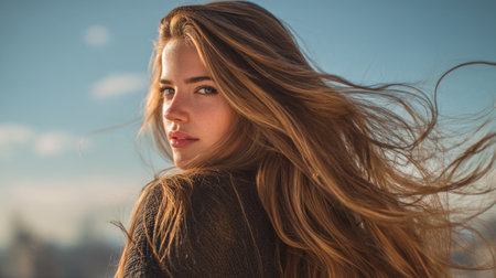 A stunning young woman stands outdoors with flowing hair, gazing over her shoulder. The bright sky and city scenery enhance her confident and serene expression.の素材