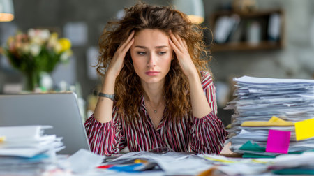 A young woman displays signs of stress and frustration as she faces a mountain of papers on her cluttered desk while working on her laptop.の素材