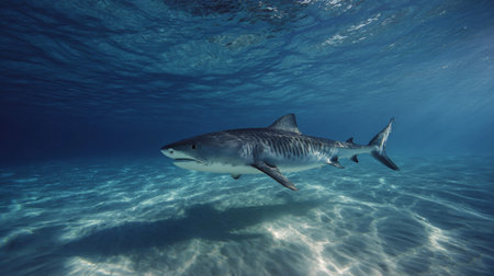 A stunning tiger shark swims gracefully through the calm and clear waters of the ocean. This image captures the beauty and majesty of marine wildlife in its natural habitat.の素材