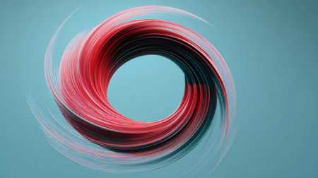 Vibrant abstract artwork featuring swirling red lines in a circular motion against a soft blue background, evoking energy and creativity for modern design use.の素材