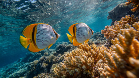 This stunning underwater scene captures two vibrant butterfly fish swimming gracefully above a colorful coral reef, showcasing the beauty of marine life.の素材