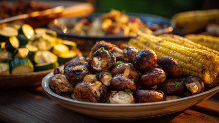 A beautifully arranged spread of grilled vegetables and mushrooms captures the essence of summer dining, enriched by a warm sunset backdrop.の素材