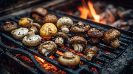 A vibrant scene of assorted mushrooms grilling over an open flame, showcasing a delicious outdoor cooking experience perfect for summer gatherings.の素材