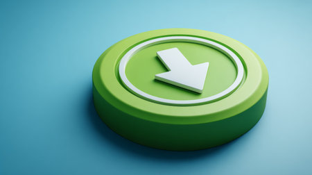 This image features a vibrant green download icon with a white arrow, set against a light blue background. It symbolizes digital downloads and user engagement.の素材