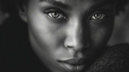 This stunning black and white portrait features a close-up of a young woman's face, showcasing her striking eyes and intense emotion. The play of light and shadow captures the beauty and complexity of human expression, creating a powerful and captivating image.の素材