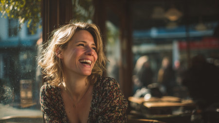 A joyful young woman enjoys a moment of laughter in a cozy cafe, basking in natural light that enhances her vibrant smile and cheerful demeanor.の素材