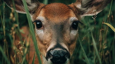 This image captures a close-up view of a curious deer face, highlighting its expressive eyes and delicate features among vibrant green grass.の素材