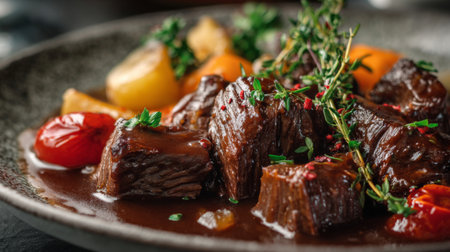 Mouthwatering beef dish served with a rich sauce, garnished with fresh thyme and accompanied by colorful vegetables, perfect for gourmet dining experiences.の素材