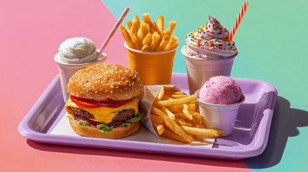 A vibrant fast food meal featuring a juicy hamburger with cheese, crispy French fries, and colorful milkshakes with sprinkles, ideal for visual appeal.の素材