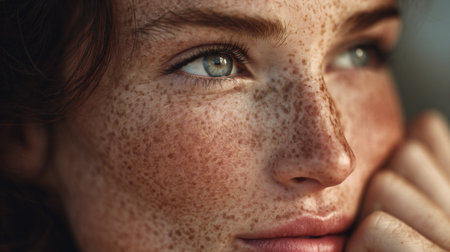 A stunning close-up portrait of a young woman showcasing her freckles and captivating eyes. The image captures a moment of serenity and natural beauty.の素材