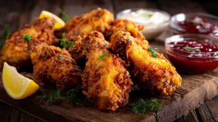 A tempting arrangement of crispy golden fried chicken wings served with tangy dipping sauces and fresh lemon slices, perfect for gatherings or casual dining.の素材