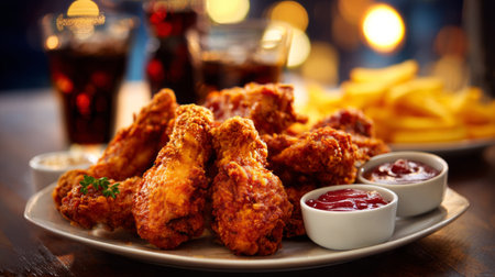 A close-up view of crispy fried chicken wings beautifully arranged on a plate, accompanied by dipping sauces and garnished with herbs.の素材