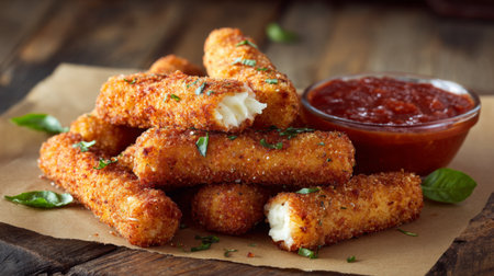 A tantalizing stack of crispy breaded cheese sticks served with rich marinara sauce, garnished with fresh herbs, perfect for any appetizer or snack occasion.の素材