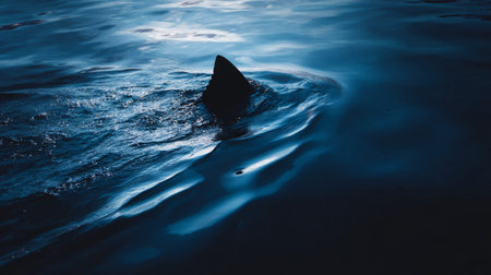 A striking image of a shark fin piercing the tranquil surface of dark blue waters, evoking a sense of mystery and oceanic beauty.の素材