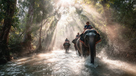 Experience a breathtaking scene of elephants gracefully trekking through a serene jungle river. Sunlight streams through the trees, creating an enchanting atmosphere filled with mist and tranquility, perfect for nature enthusiasts and wildlife lovers alike.の素材