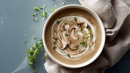 A beautifully arranged bowl of creamy mushroom soup showcases swirls of cream and fresh herbs, perfect for a cozy meal or special occasion.の素材