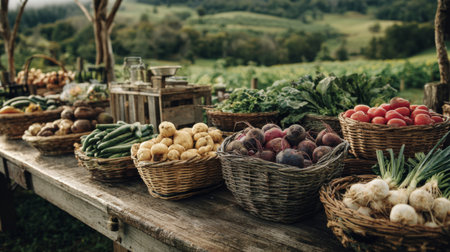A rustic wooden table filled with an array of fresh organic vegetables displayed in woven baskets, set against a beautiful countryside landscape.の素材
