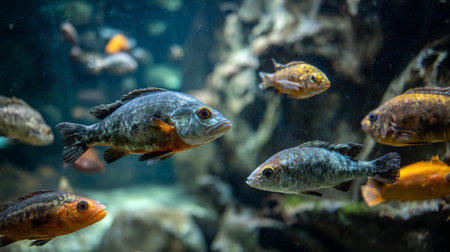 A captivating scene of various colorful fish swimming in a natural aquatic habitat, surrounded by rocks and aquatic plants. This serene underwater landscape showcases the beauty and diversity of marine life.の素材