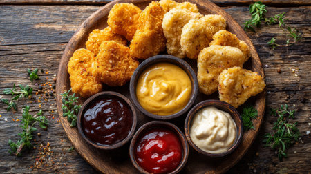 A delightful presentation of golden chicken nuggets shaped like hearts, served with assorted sauces including mustard, ketchup, and barbecue on a rustic wooden table.の素材