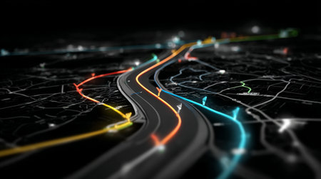 Explore a modern city road map showcasing illuminated traffic paths in a dynamic design. This stunning representation of urban navigation highlights transportation technology.の素材