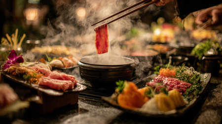 Experience the artistry of Japanese cuisine with a delicious hot pot and an array of colorful sushi dishes, all beautifully prepared and served in an inviting setting.の素材