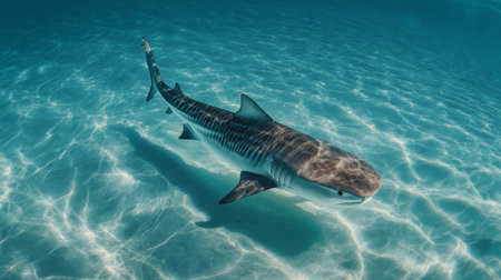 A stunning underwater shot of a tiger shark moving elegantly through clear turquoise waters, showcasing the beauty and serenity of ocean life.の素材
