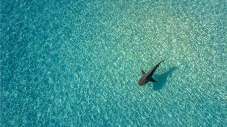 This stunning aerial image captures a lone shark gliding effortlessly through clear turquoise waters, showcasing the beauty of marine life in a tranquil coastal setting.の素材