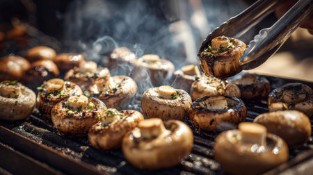 Close-up of grilled mushrooms on a barbecue, enhanced with herbs and smoke, showcasing delicious outdoor cooking and vibrant summer flavors.の素材