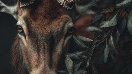 This stunning close-up portrait features a magnificent deer with impressive antlers, framed by lush foliage, showcasing the beauty of wildlife in a serene setting.の素材