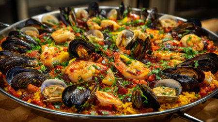 This vibrant seafood paella showcases a colorful assortment of shrimp, mussels, and clams, beautifully garnished with fresh herbs for an appealing presentation.の素材