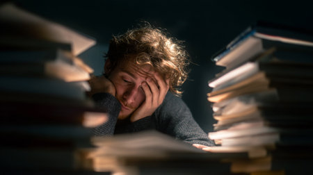 A visibly exhausted student sits in a dimly lit room, surrounded by stacks of books and papers, conveying the heavy weight of academic stress and pressure.の素材