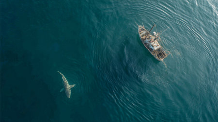 This stunning aerial image captures a shark swimming gracefully near a fishing boat in a vibrant blue ocean, showcasing the beauty of marine life.の素材