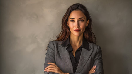 A poised and confident businesswoman stands against a muted gray backdrop, showcasing her professionalism and determination in a modern work environment.の素材