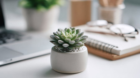 A serene and modern workspace featuring a cute succulent plant in a minimalist pot. This decor element adds a touch of nature, enhancing productivity.の素材
